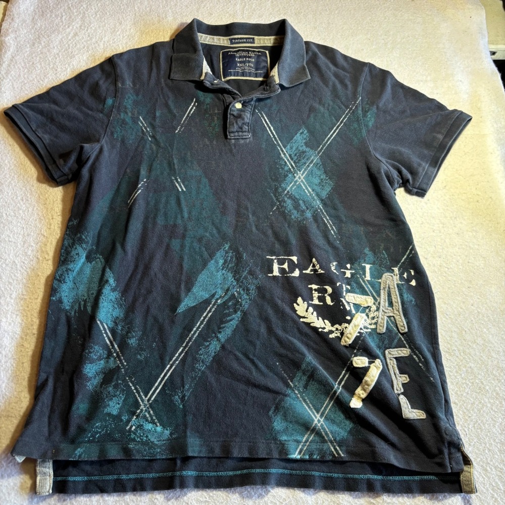 American Eagle Mens XXL Eagle Polo Shirt Navy Blue Teal Graphic Distressed Y2K